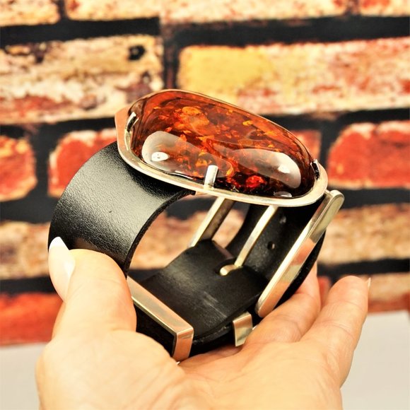 SUPER HUGE AMBER STERLING LEATHER RARE BRACELET 9 BY AMBERMODA UNISEX - Picture 5 of 16